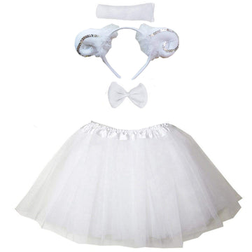 Kirei Sui Kids Animal White Sheep Ears Headband Bowtie Tail & Tutu Costume 4 Pieces Dress Up Set