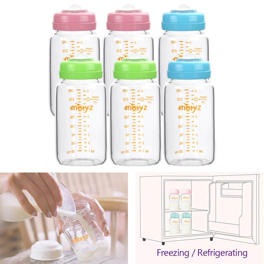 Matyz Glass Breastmilk Storage Bottles, 6 Pack, 8 Oz, Compatible With Spectra Medela Breast Pump - Freezer Safe Storage Bottles