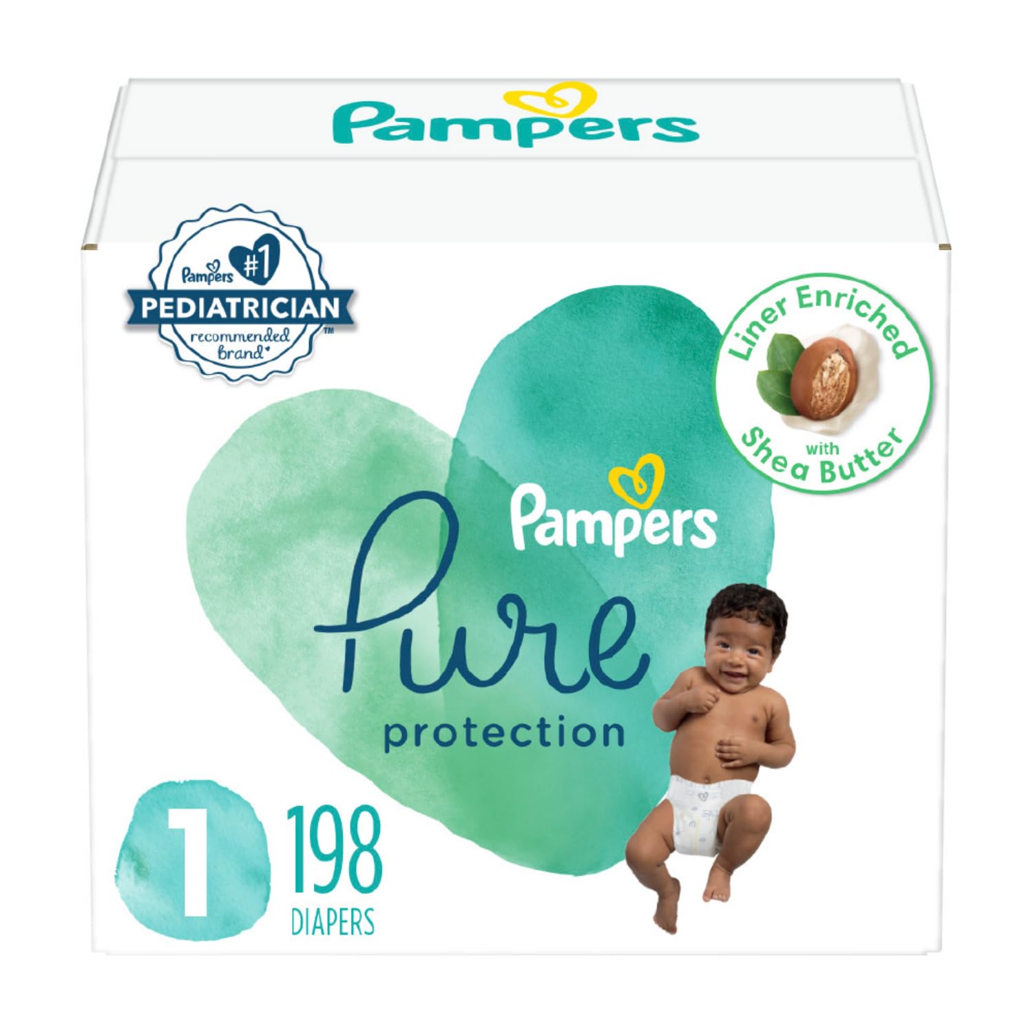 Pampers Pure Protection Diapers - Size 1, One Month Supply (198 Count), Hypoallergenic Premium Disposable Baby Diapers (Packagin