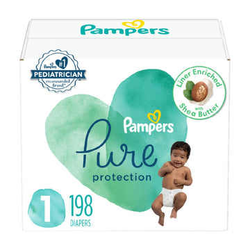 Pampers Pure Protection Diapers - Size 1, One Month Supply (198 Count), Hypoallergenic Premium Disposable Baby Diapers (Packagin