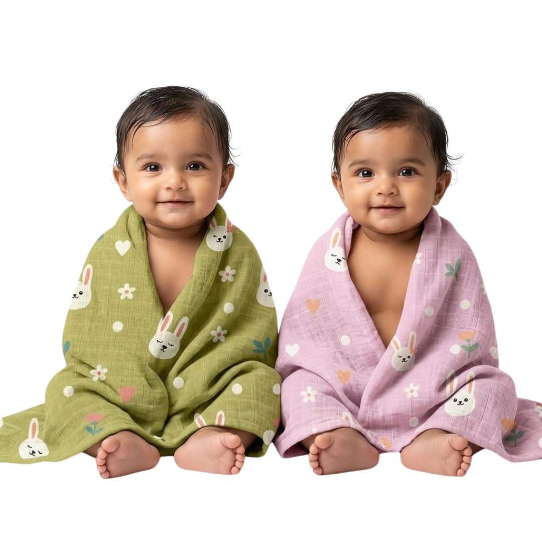 PIMPOM FASHIONS Muslin Cotton Baby Bath Towel 100% Cotton (50x100 cm) | Soft Absorbent Quick Dry Towel for Newborn, Infant & Kid