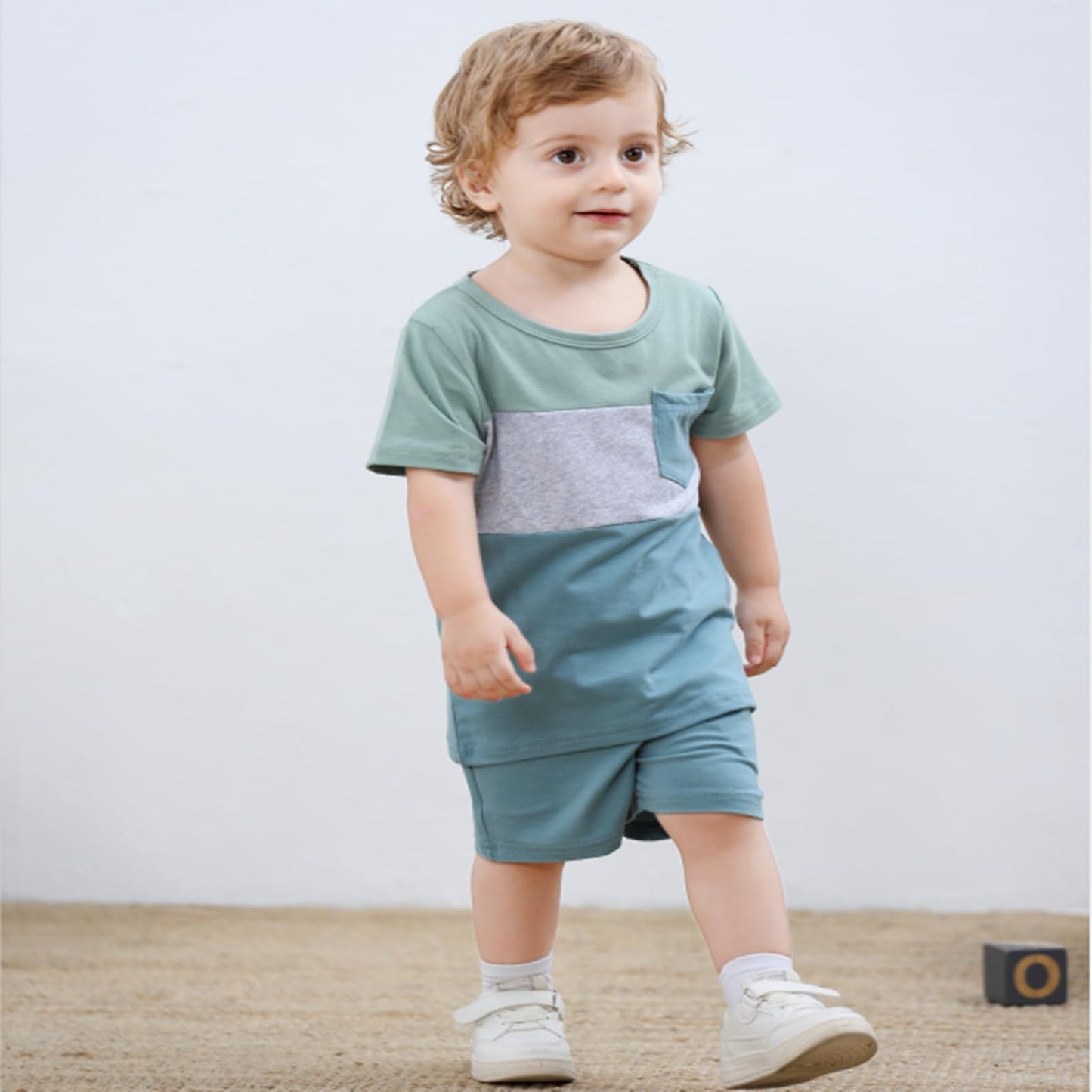 12-18 Month Boy Clothes Toddler Boys Summer Outfits Short Sleeve Patchwork T-Shirt & Solid Shorts Clothing Set 2 Piece, Light Bl