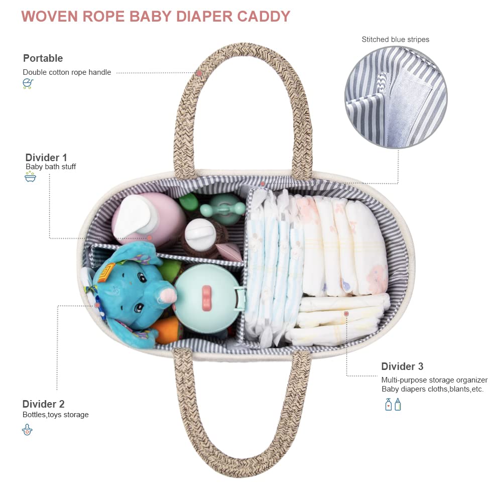 Yeayee Baby Diaper Caddy Organizer, Portable Nursery Storage Basket With Changeable Compartments, 100% Cotton Woven Rope Baskets