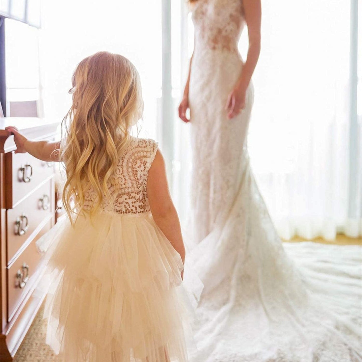 2Bunnies Girl Beaded Peony Lace Back A-Line Tiered Tutu Tulle Flower Girl Dress (Ivory Short Sleeveless, 12M)