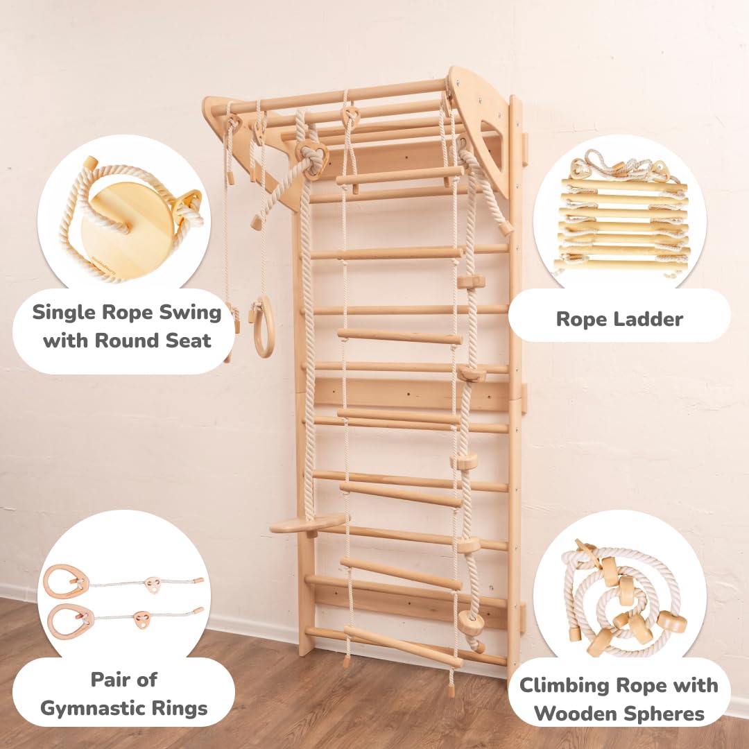 Woodandhearts Swedish Ladder For Kids With Rope Accessories - Indoor Jungle Gym, Indoor Jungle Gym For Kids Ages 6-16, Indoor Cl