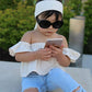 3Pcs Toddler Girl Baby Off Sloulder Top Ruffle Blouse + Blue Ripped Long Jeans + White Bowknot Headband Sets (White-Blue, 5-6 T)
