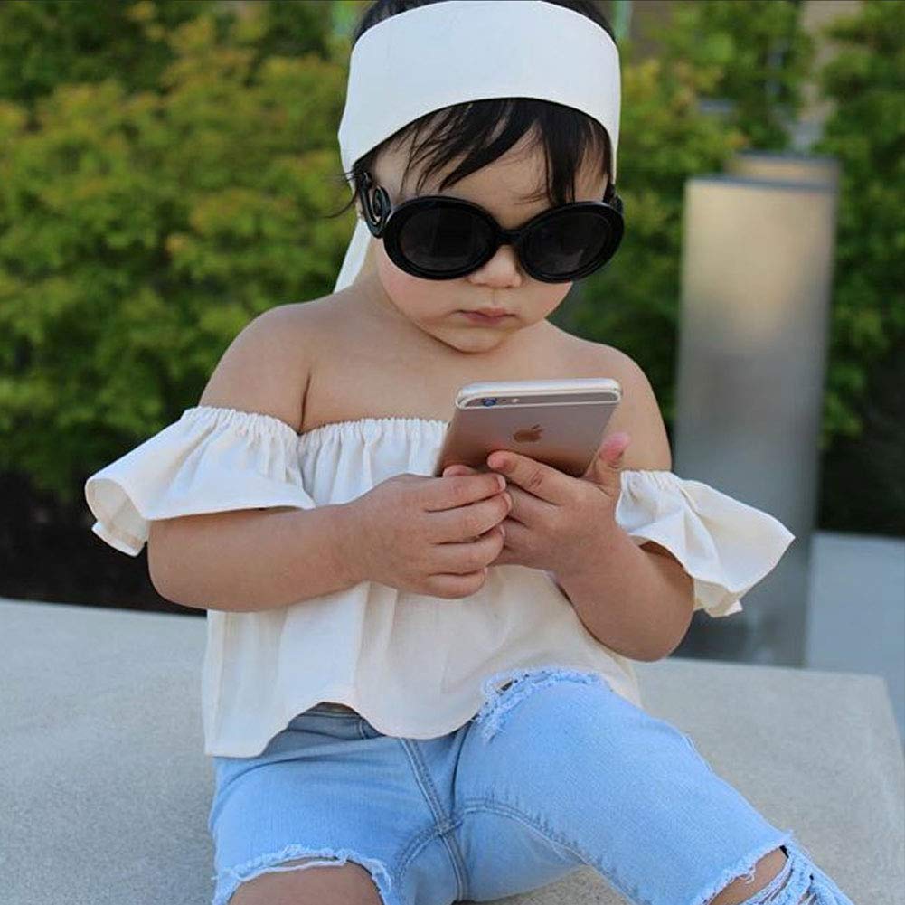 3Pcs Toddler Girl Baby Off Sloulder Top Ruffle Blouse + Blue Ripped Long Jeans + White Bowknot Headband Sets (White-Blue, 5-6 T)