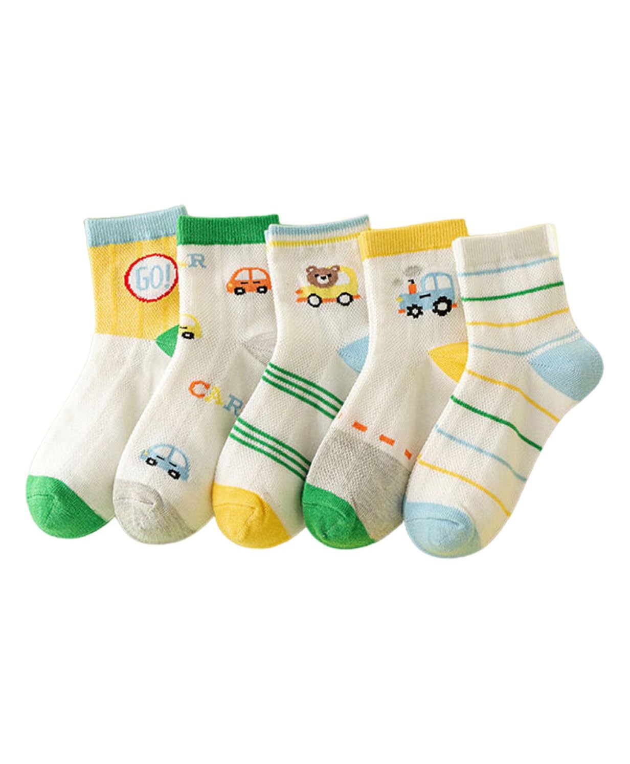 Syga 5 Pairs Baby Girl & Baby Boy Socks, Toddlers Infant Cotton Warm Stretch Crew Socks With Multicar Design, Suitable For 9 Mon