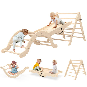 BIERUM Pikler Triangle Set 8 in 1 with Seesaw Design, Montessori Foldable Toddler Climbing Toys with Ramp, Wooden Pickler Climbi