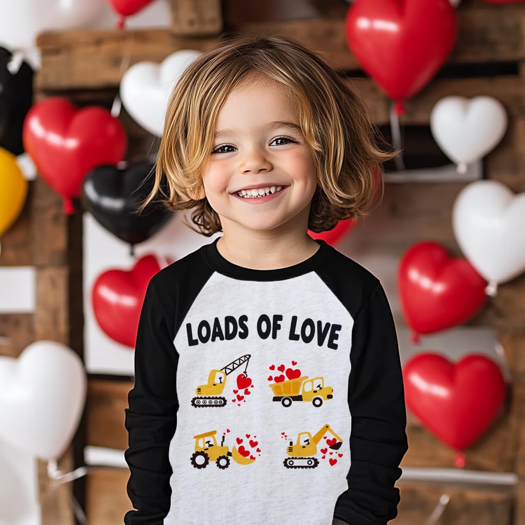 Boys Valentine'S Day Shirt Loads Of Love Vehicles Truck Tops Little Kids Raglan Black Sleeve Heart T-Shirt 7 Years