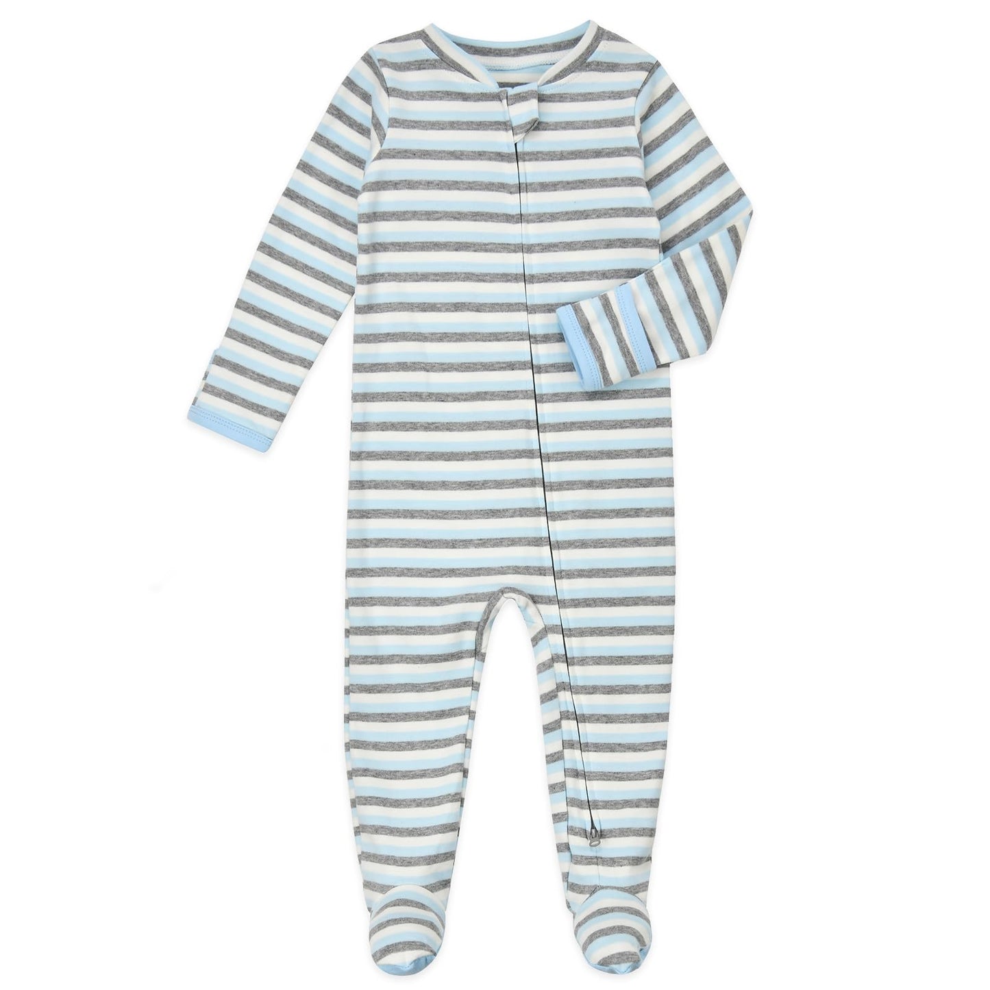 Aablexema Baby Footie Pajamas With Mittens - 3Pcs Infant Footed Sleeper Cotton Sleepwear Outfits(Blue/Grey/Stripe,6-9M)