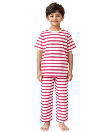 ANTHRILO Red White Stripe Boys Pure Cotton Short Sleeve Pyjama Set | Summer Sleepwear Night Suit | TShirt & Pyjama Set | Regula
