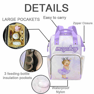 M Yescustom Personalized Diaper Bag With Name, Custom American Cute Baby Princess With Crown Waterproof Nylon Mommy Nursing Dayp