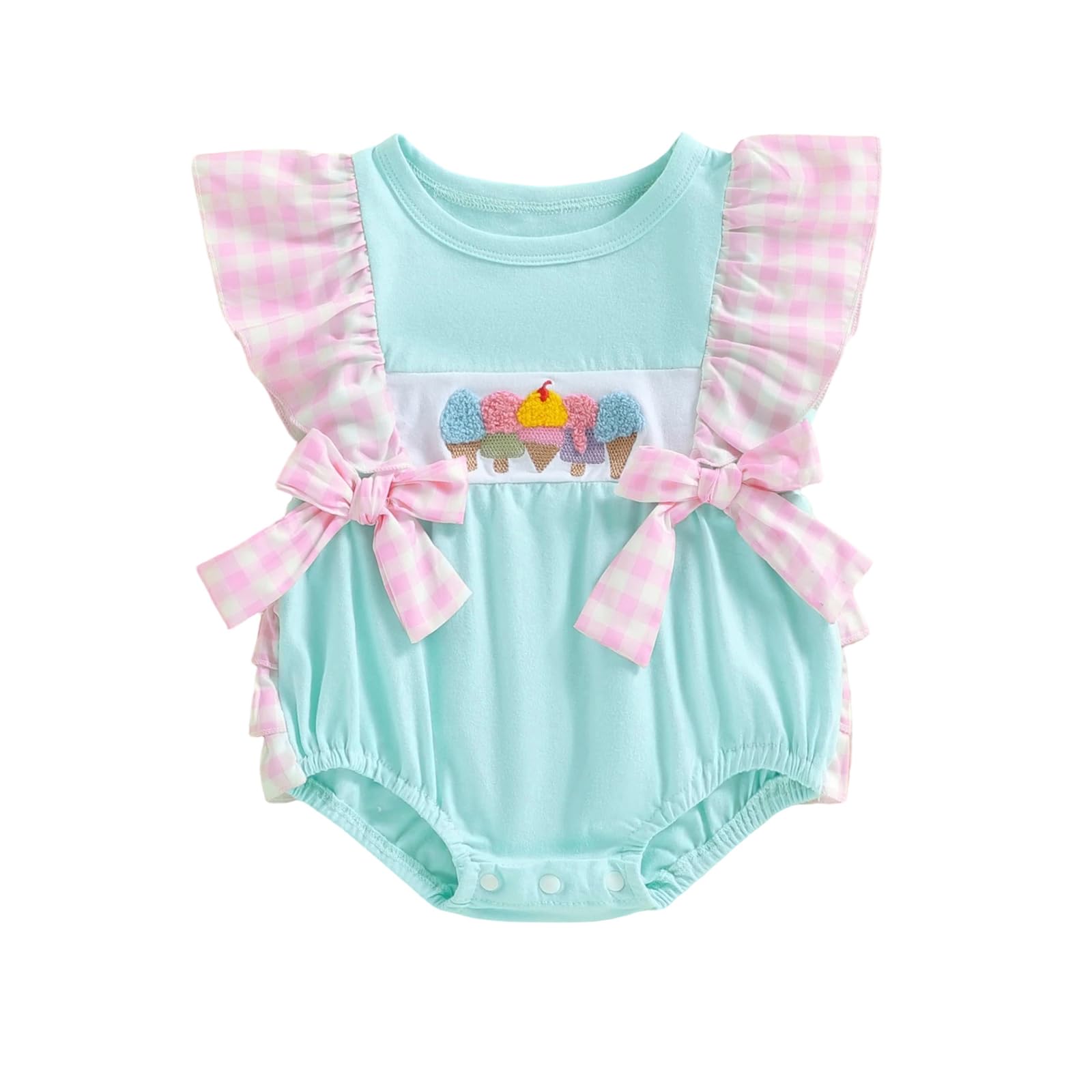 RSRZRCJ Newborn Outfits Baby Girl Clothes Summer Fly Sleeve Ice Cream Embroidery Romper Plaid Bow Ruffle Bodysuit Jumpsuit (Gree