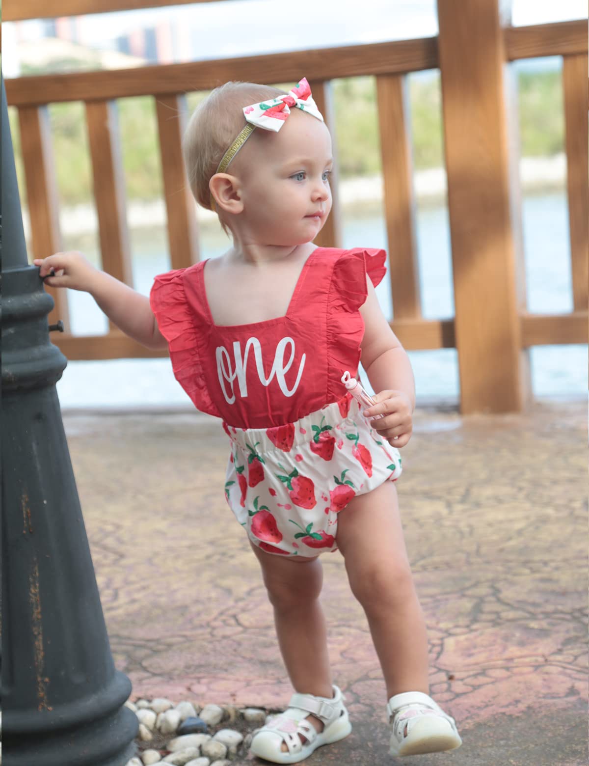 Shalofer Baby Girl First Birthday Outfit 1St Birthday Berry Summer Bodysuit With Fruit Headband(Red,6-12 Months)