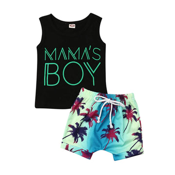 Fybitbo 2Pcs Baby Boys Summer Clothing Sets Cute Letters Print Sleeveless Tank Tops T-Shirt+Palm Shorts Outfits (Black Tank Tops