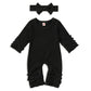 Grnshts Newborn Baby Girls Ruffle Ribbed Romper Solid Long Sleeve Jumpsuit One-Piece Coming Home Outfits+Headband (Black, 1-3 Mo
