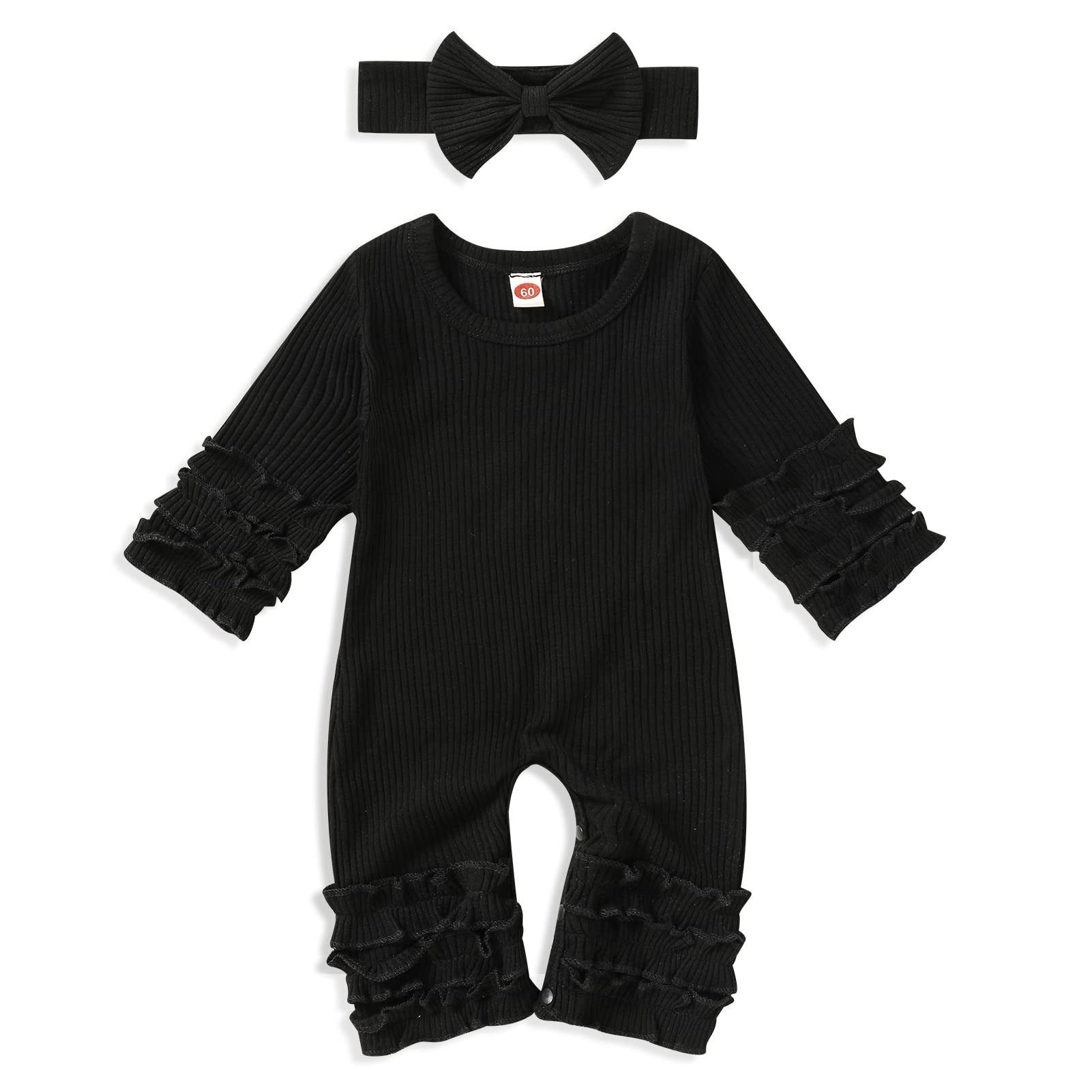 Grnshts Newborn Baby Girls Ruffle Ribbed Romper Solid Long Sleeve Jumpsuit One-Piece Coming Home Outfits+Headband (Black, 1-3 Mo