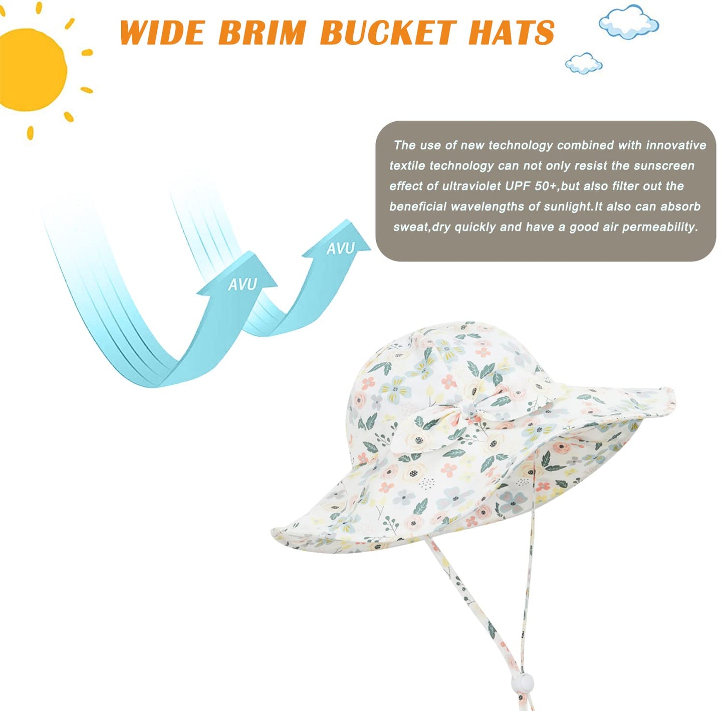Baby Girl Sun Hat Summer Beach Hats With Upf 50+ Toddler Infant With Wide Brim Strap Outdoor Bucket Hat Greden6-12 Months
