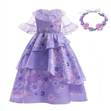 Lzh Encanto Mirabel Costume Dress For Girls Cosplay Isabela Madrigal Princess Halloween Dress Up With Flower Headwear
