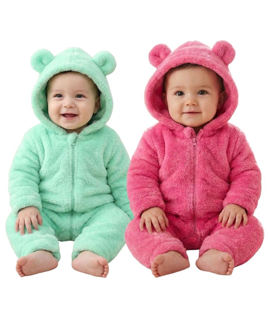 Baby Winter Fleece Romper, Hooded Bear Ears Design, Mint Green, FullZip Jumpsuit (2, Green&HotPink, 0309month)