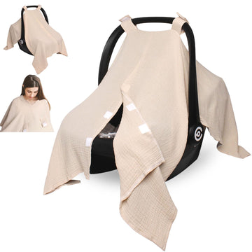 Boryokun Baby Car Seat Cover Muslin Infant Carseat Canopy, Peekaboo Opening Car Seat Covers, Unisex Large Universal Fit Lightwei