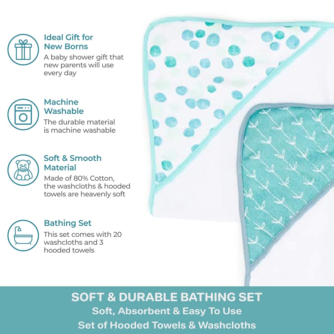 Spasilk Bath Hooded Towels & Washcloths Set For Babies, 23-Piece Gift Set, Green Dots