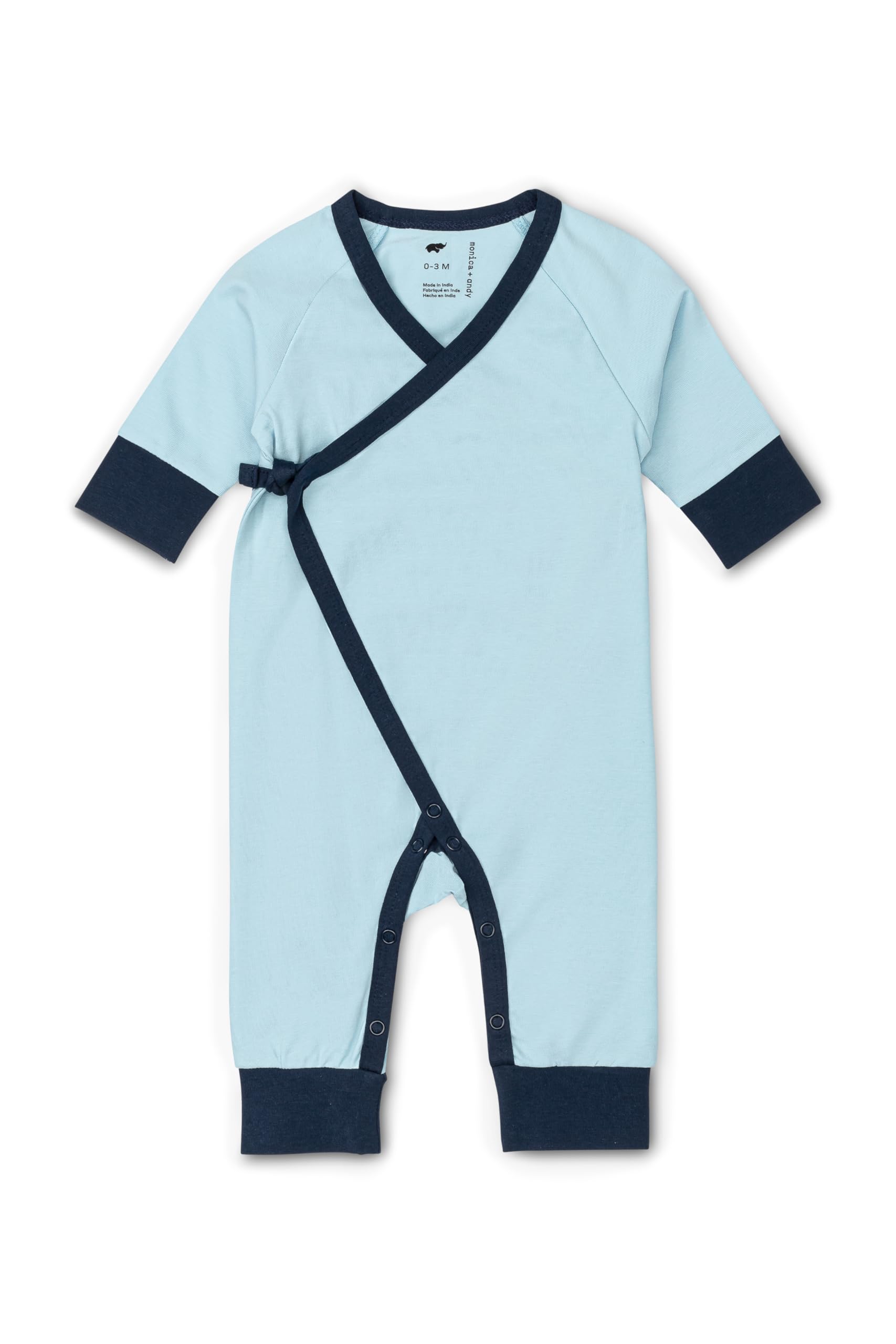 monica + andy Kimono Tie One Piece, Size 6-9 Months, Blue, 100% Organic Baby Clothes for Girls and Boys, Baby Long Sleeve Romper