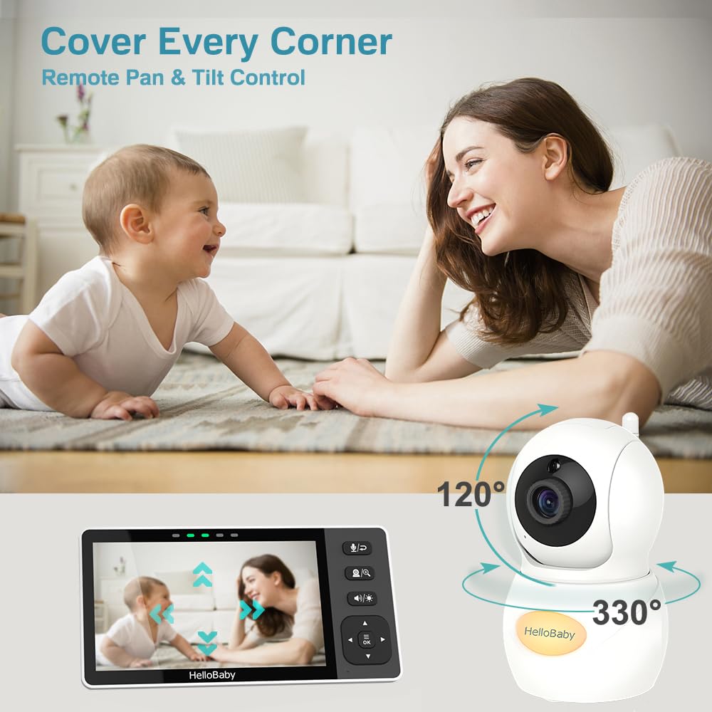 Hellobaby 720P 5.5' Hd Baby Monitor 2 Cameras And Audio, No Wifi, Split Screen Remote Pan Tilt Zoom Video Baby Monitor Wide Vie