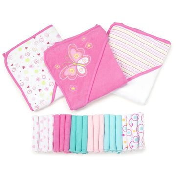 Spasilk Bath Hooded Towels & Washcloths Set For Babies, 23-Piece Gift Set, Pink Butterfly, (Gift Gba23 07)