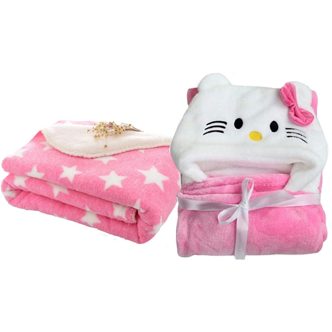BRANDONN Supersoft Hooded and Printed Fleece Baby Blanket and Baby Bath Towel, Pink and White (Pack of 2)