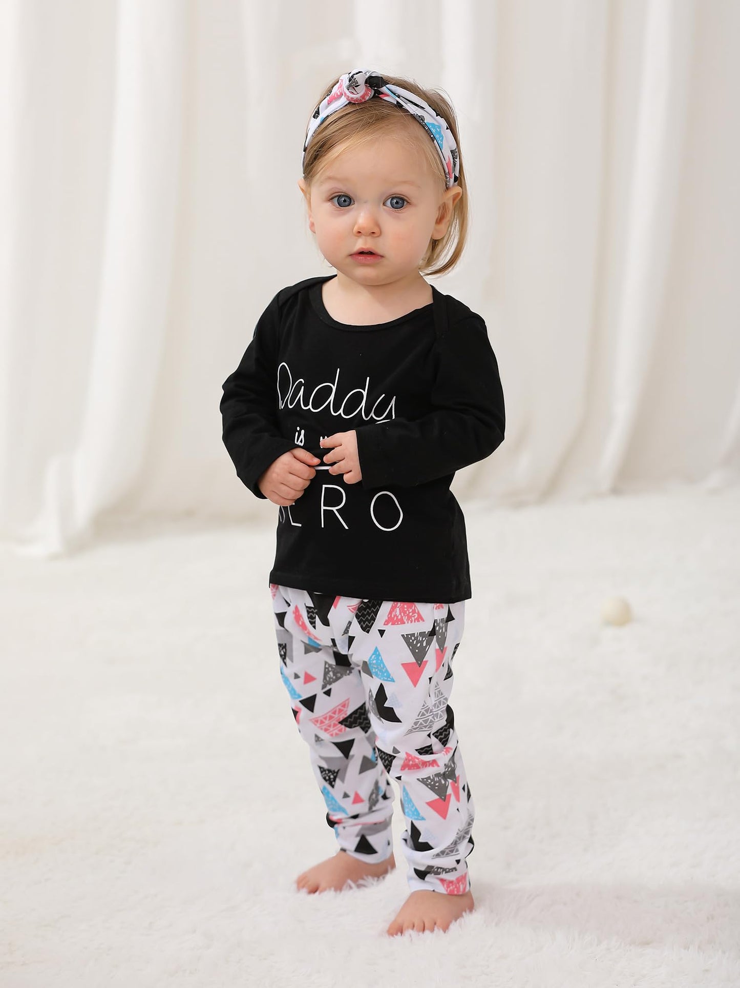 Baby Girls 3Pcs Outfit Set Letters Daddy Is My Hero T-Shirt Tops Geometric Pants With Headband (3-6 Months)