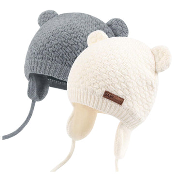 Duoyeree Kids Baby Hat Soft Warm Cable Knit Beanie Toddler Girl Fall Winter Hats (White And Grey, 6-12 Months)