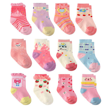 12 Pairs Toddler Girl Grip Socks Non Skid Cotton Crew Socks, Baby Socks Girl Anti Slip Socks For Kids Girls (12 Pairs Princess,