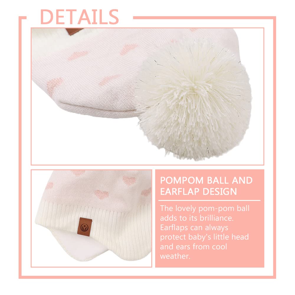 Jangannsa Knitted Baby Hat Scarf Set Winter Warm Boys Girls Beanie Fleece Lining Toddler Kids Hats With Pompom (White Heart Hat,