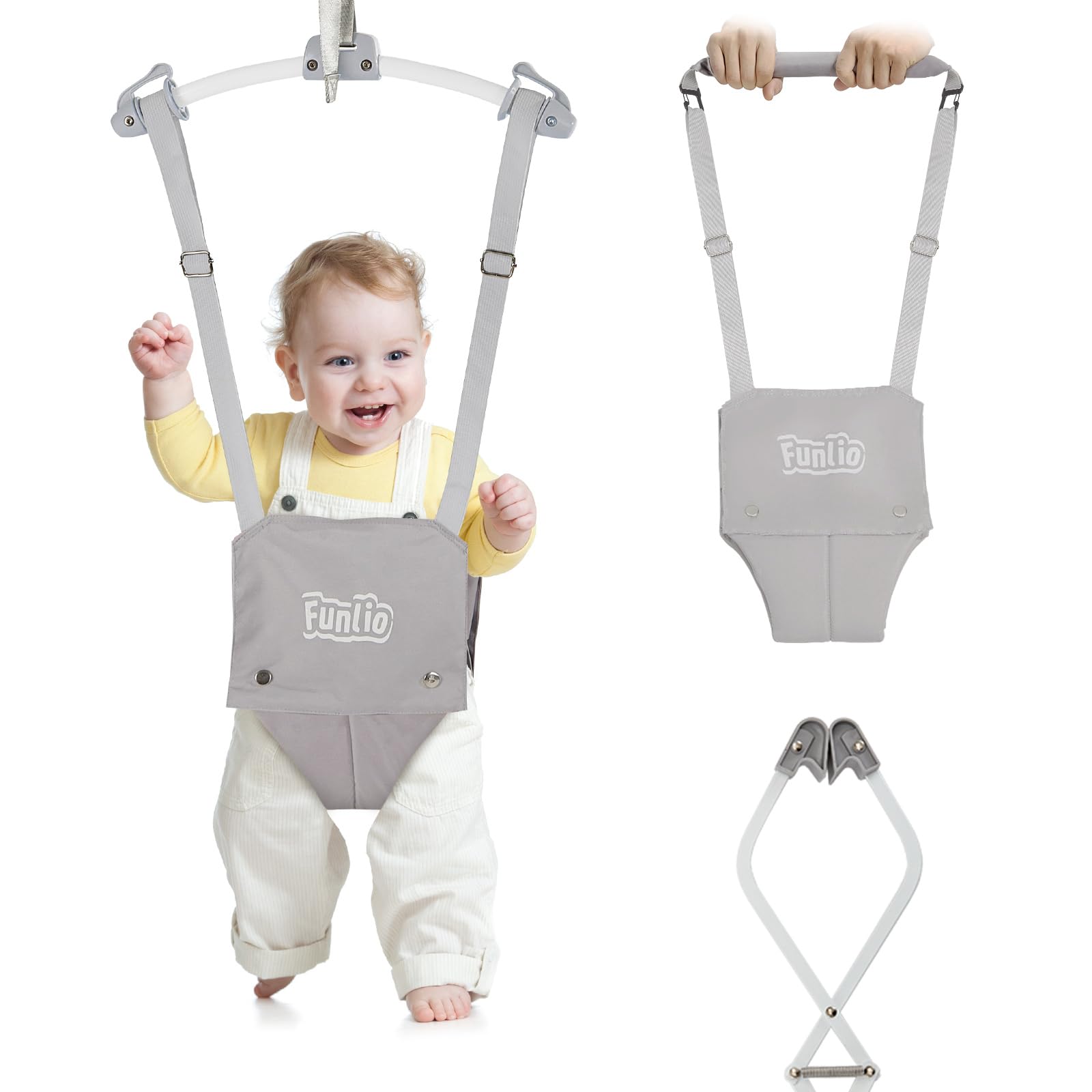 FUNLIO 2 in 1 Baby Door Jumper with Door Clamp, Baby Walking Harness for 6-24 Months, Infant Jumper Doorway with Strong Spring &