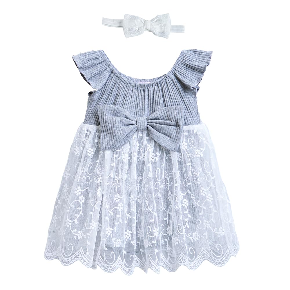 Hopscotch Girls Ruffled Sleeves Grey Pure Cotton Embroidered Dress With Headband (1824 Months)