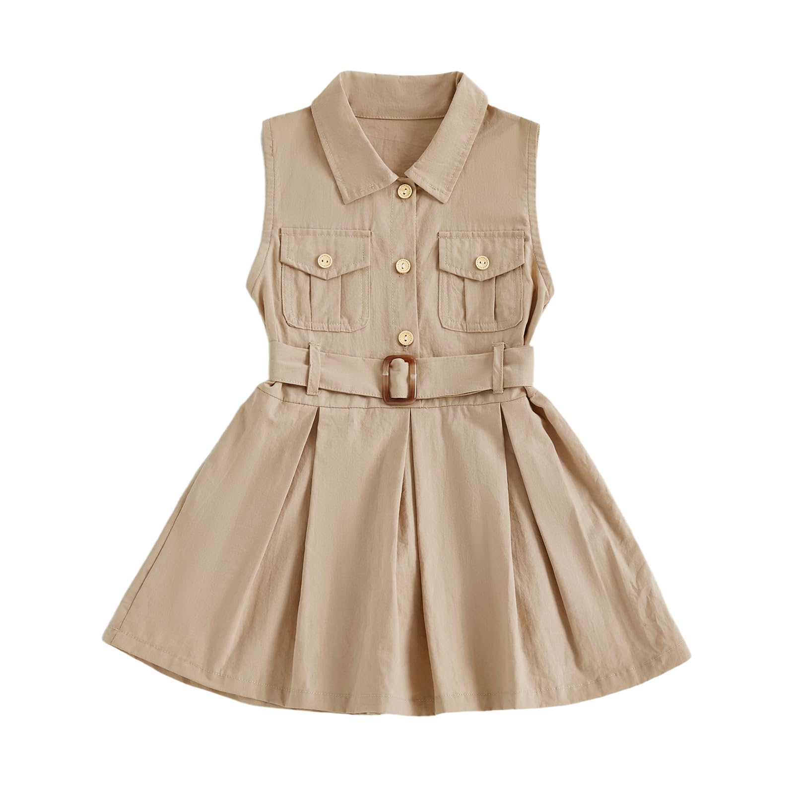 Rourufy Toddler Baby Girl Summer Dress Girls Elegant A Line Pleated Dresses Spring Summer Clothes with Belt Cute Outfit (A Khaki