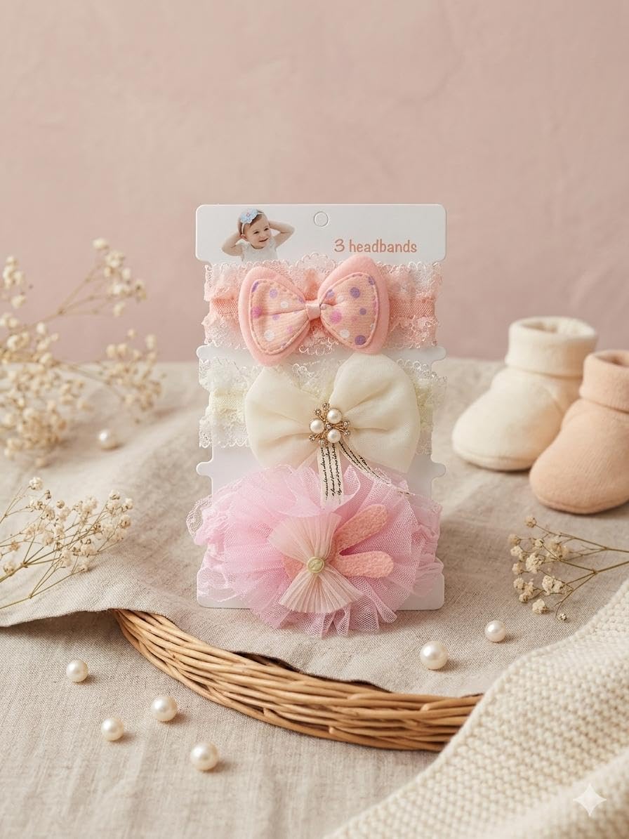 Hair Sparkles Baby Headbands For Baby Girls, Soft Lace Bow & Flower, Stretchable, Multi Colors, Newborn To Toddler (Pack Of 3)