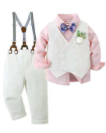 Yallet Toddler Baby Boy Clothes Suit Gentleman Wedding Outfits, Formal Dress Shirt+Bowtie+Vest+Boutonniere+Suspender Pants(V Whi
