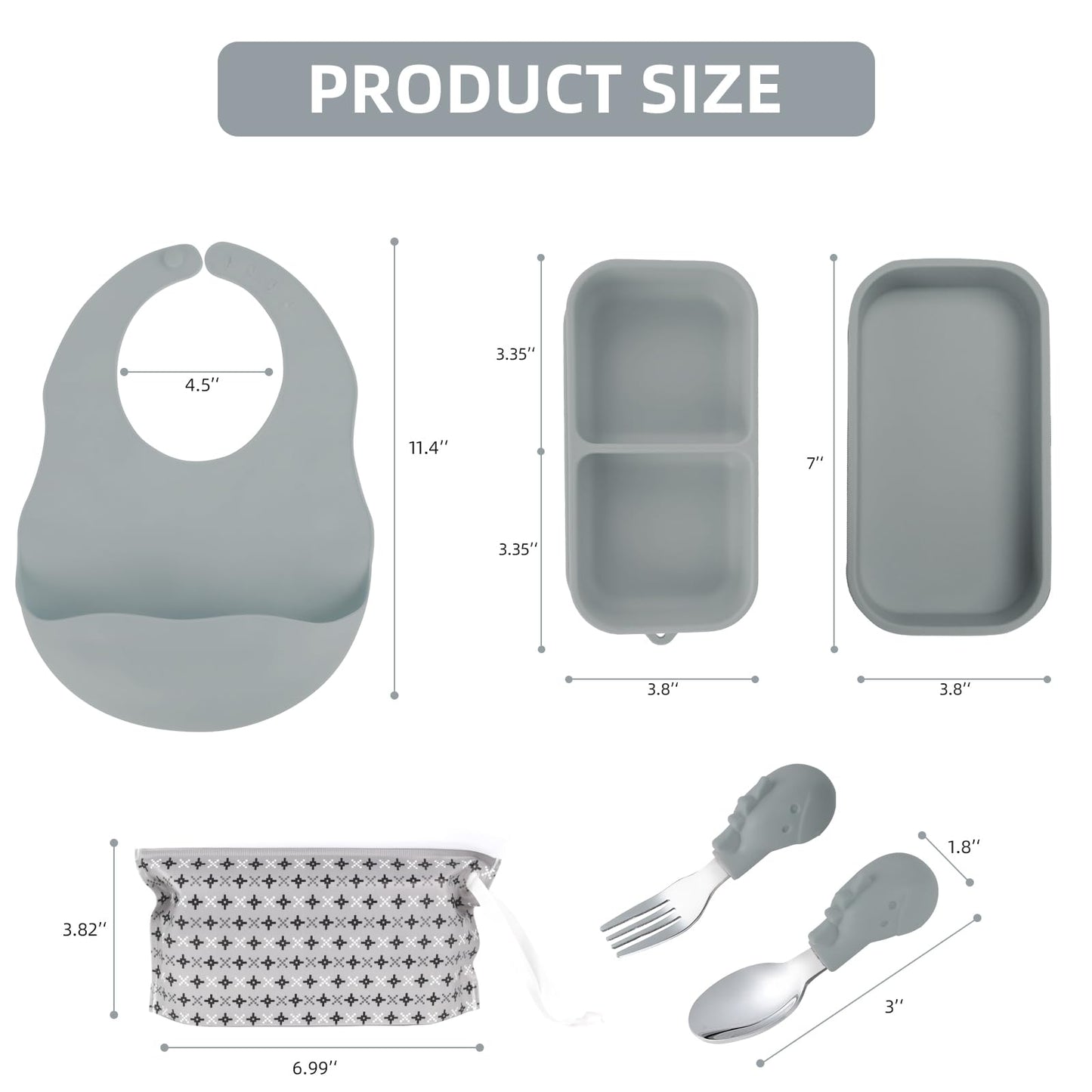 Travel Silicone Baby Feeding Set With 316 Stainless Steel Spoon & Fork ,Silicone Suction Plates, Foldable Bib, Storage Bag - Por