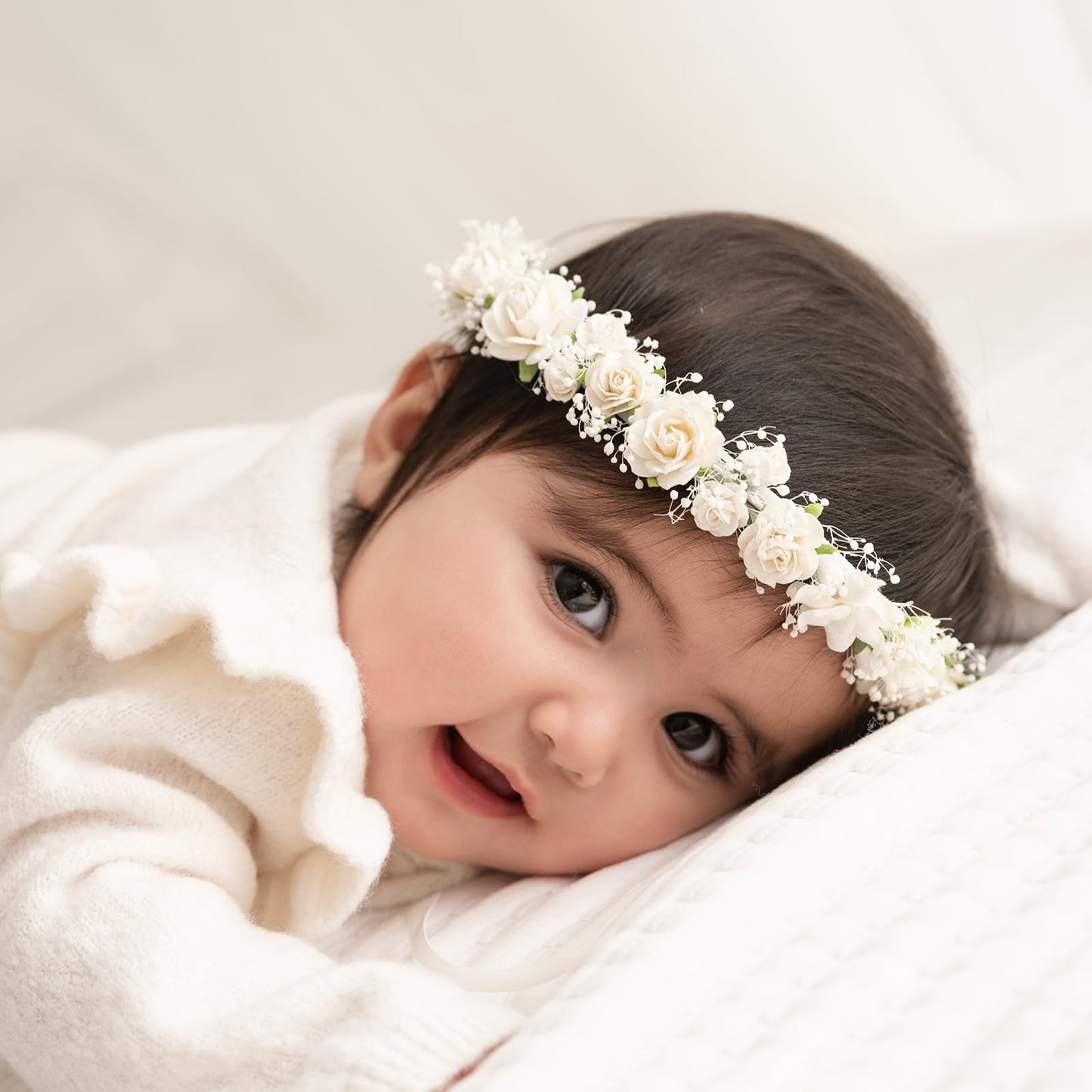 PoshMyra Toddler Flower Crown with Babys Breath 1st Birthday Photo Prop Headpiece Baby Girls Floral Hair Wreath Rustic Wedding 