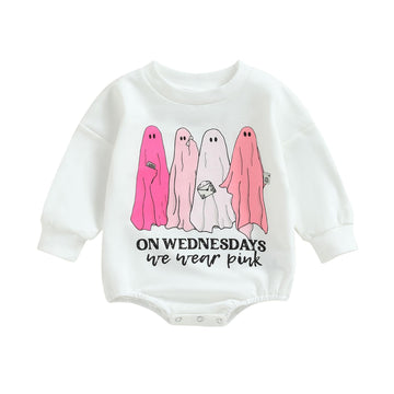 Halloween Baby Girl Outfit Toddler Ghost Pumpkin Sweatshirt Romper Long Sleeve Onesie Infant Fall Clothes (Pink Ghost, 6-12 Mont