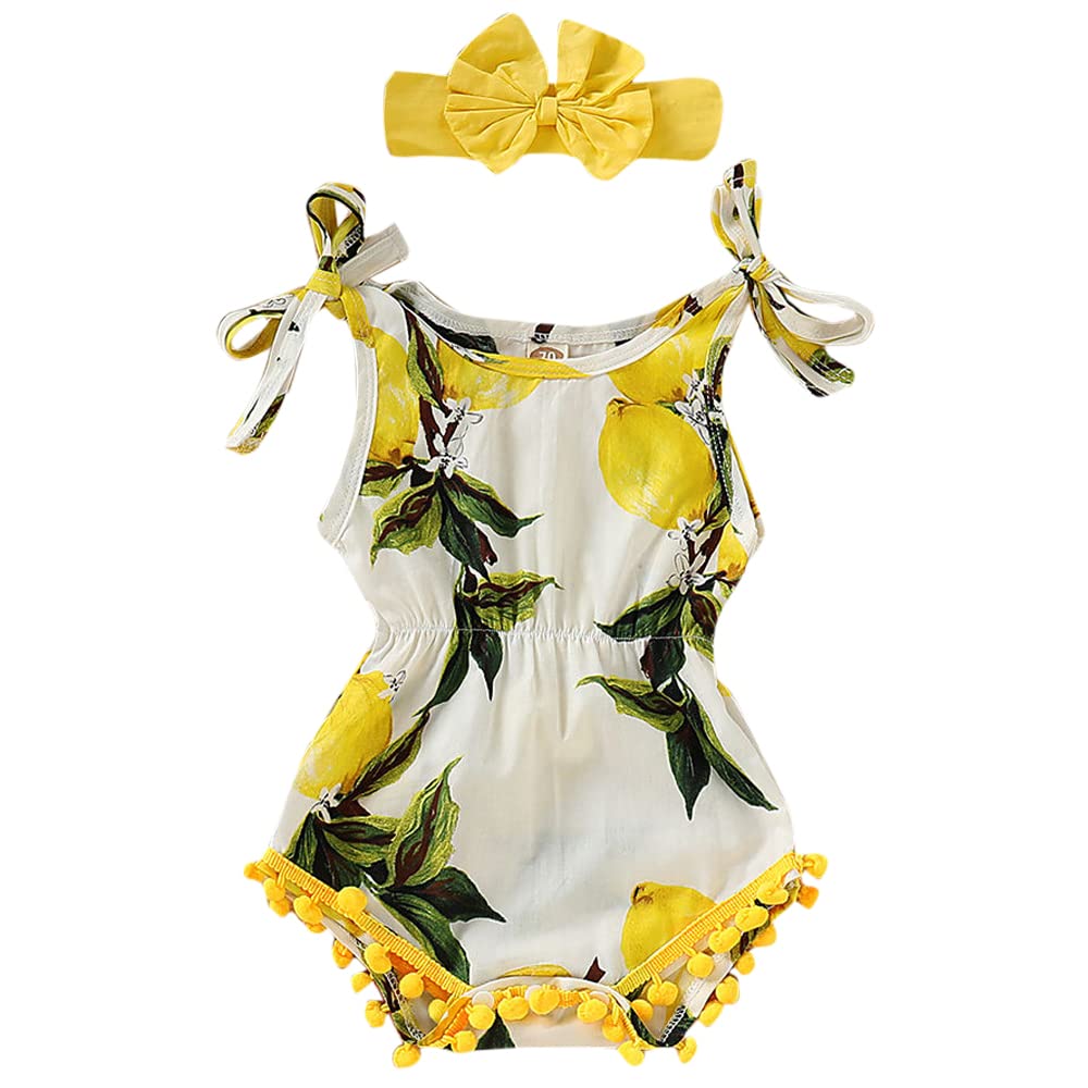 Hopscotch Baby Girls Cotton Lemon Print Sleeveless Onesie With Headband In Yellow Color For Ages 36 Months