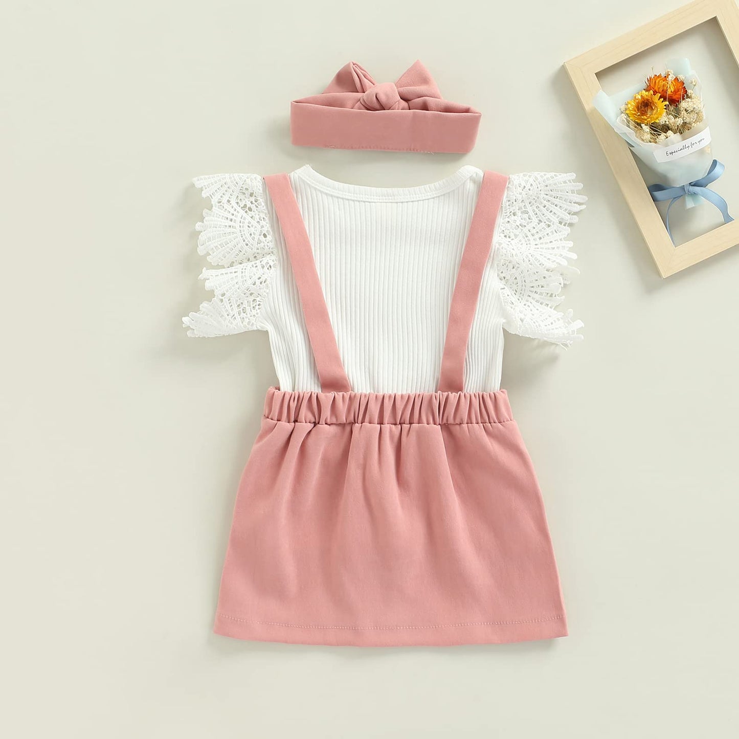 Madjtlqy Infant Girls Summer 3Pcs Outfit Sets Ruffle Short Sleeve Ribbed Romper + Suspender Skirt + Headband (B-Pink, 3-4T)