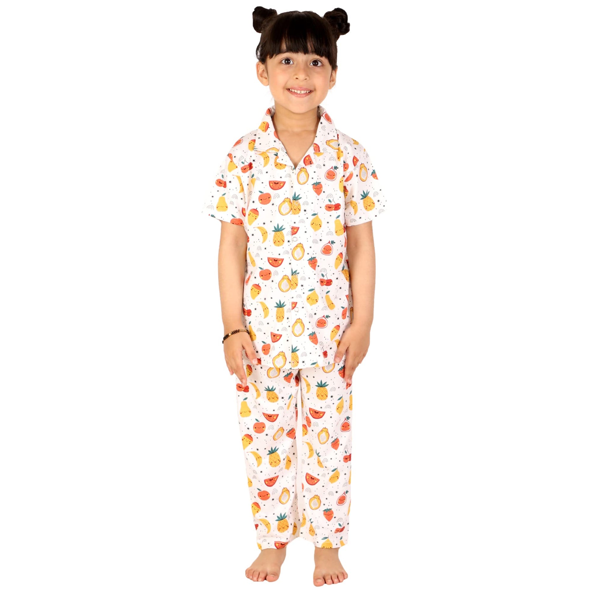 Onpoint Girls Dress Fruit Printed, Half Sleeve Cotton Night Dress for Kids Sleepwear Suit & Night Pajama Sets [ White] 6 Months 