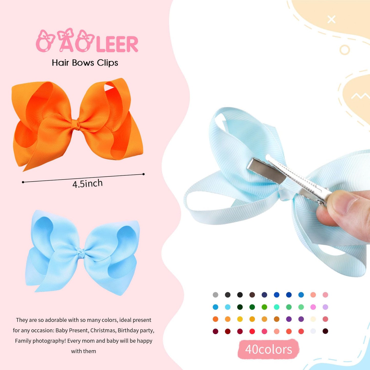 Oaoleer 40 Colors 4 Inch Hair Bows Clips Grosgrain Ribbon Bows Hair Alligator Clips Hair Barrettes Hair Accessories For Girls To
