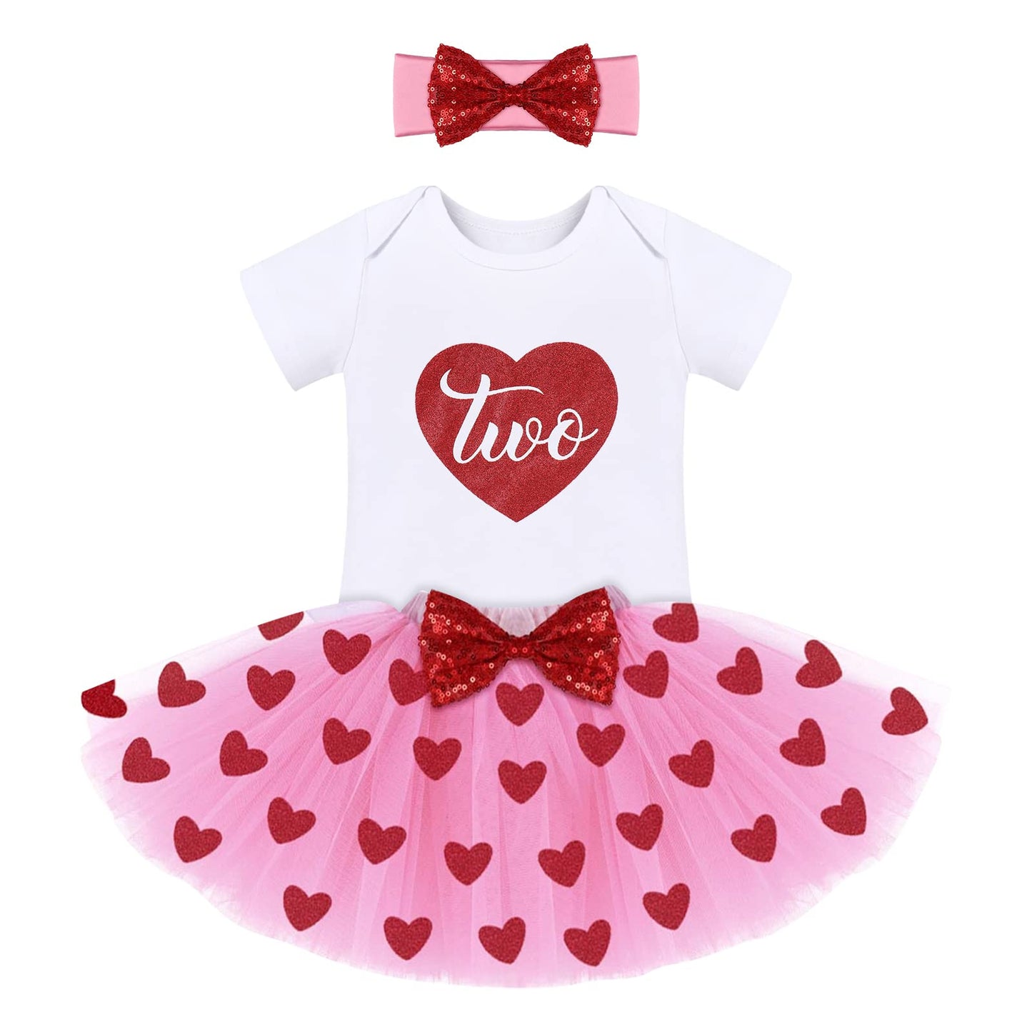 My 1St Valentine'S Day Outfit Baby Girls Sequins Heart Romper + Tulle Tutu Skirt + Bowknot Headband First 2Nd Birthday Party Dre