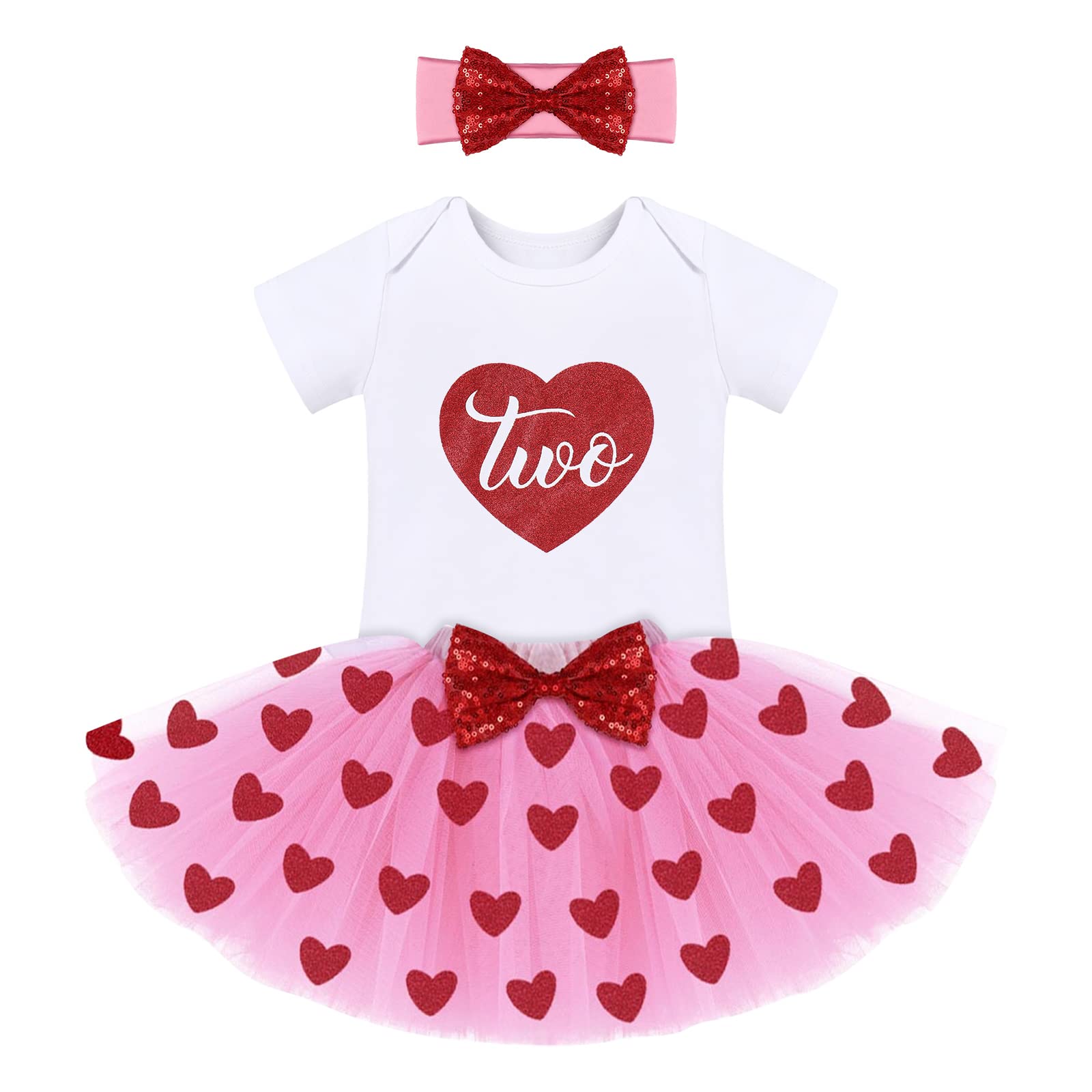 My 1St Valentine'S Day Outfit Baby Girls Sequins Heart Romper + Tulle Tutu Skirt + Bowknot Headband First 2Nd Birthday Party Dre
