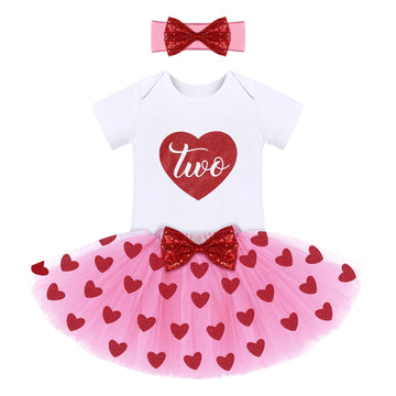 My 1St Valentine'S Day Outfit Baby Girls Sequins Heart Romper + Tulle Tutu Skirt + Bowknot Headband First 2Nd Birthday Party Dre